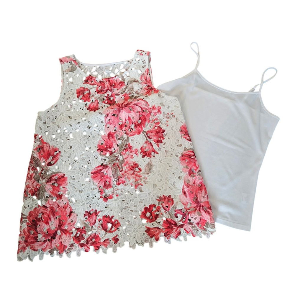 Charter Club Woman Dk Pink White Floral Lace Sleeveless Top Camisole Set Medium